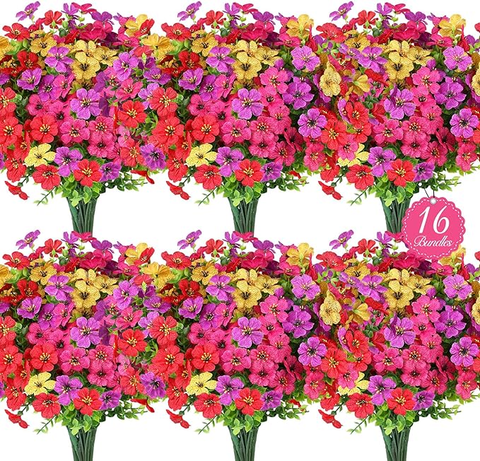 16 Bundles Artificial Flowers for Outdoors, Realistic Fake Silk Flowers for Outside, UV Resistant Faux Plants for Outdoor Planters - Spring Summer Porch Decor (4 Colors)
