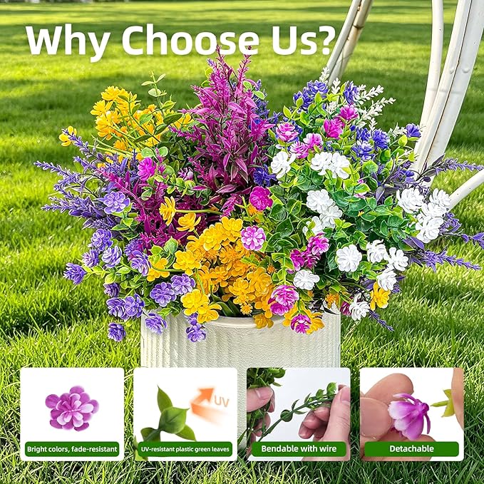 CLEANGOR 14 Bundles Artificial Flowers for Outdoors, UV Resistant Artificial Outdoor Plants, Faux Plants for Spring Summer Garden, Porch, Window Box, Hanging Planters, Home Wedding Farmhouse (Mix)