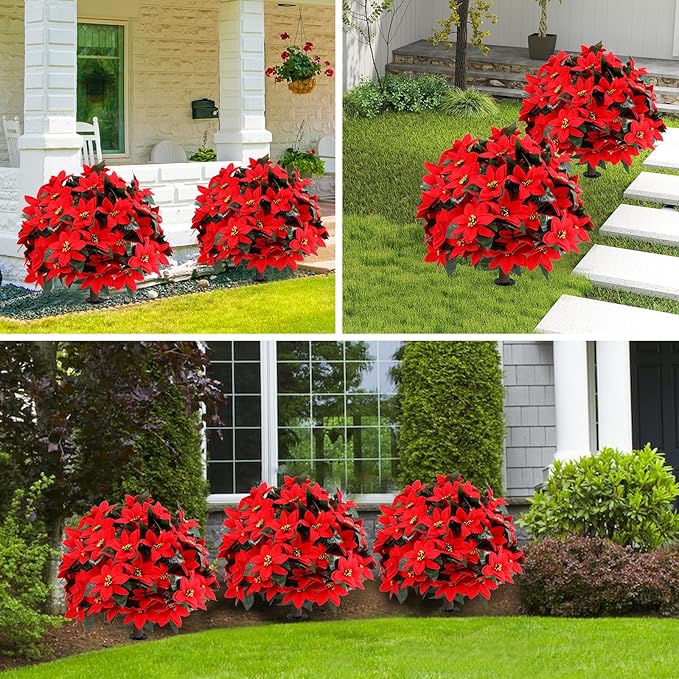 Artificial Poinsettia Topiary Ball Tree 27" with Ground Spike, Set of 2 Artificial Boxwood Bushes for Faux Shrubs, Fake Evergreen Faux Plant for Indoor Outdoor Porch Garden- UV Resistant – Fade-Proof