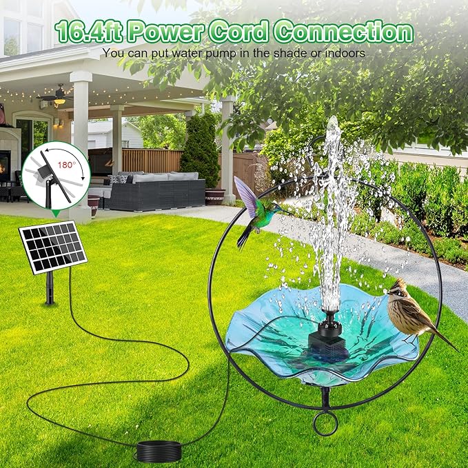 Jutai Solar Fountain Kit Colorful Lights,3.5W Glass Panel Solar Water Pump with 2000mAH Battery, Sucker & Stake for Bird Bath, Garden, Outdoor, Water Feature-16.4ft Power Cord,7 Nozzles