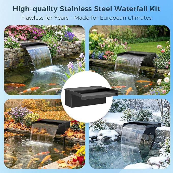 Biling Pond Waterfall Spillway Kit, 12.2” Wide Waterfall Box with 660 GPH Water Pump, Multi-Stage Filtration & Metal Lid, DIY Waterfall Spillway for Koi Pond, Backyard Stream and Rockery