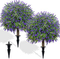 Set of 2 Artificial Lavender Boxwood Topiary Ball Trees with Ground Spike, 27.5" UV Resistant Faux Evergreen Shrubs, Purple Green Fake Bushes for Indoor Outdoor Front Porch Garden Patio Yard Decor