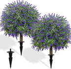 Set of 2 Artificial Lavender Boxwood Topiary Ball Trees with Ground Spike, 27.5" UV Resistant Faux Evergreen Shrubs, Purple Green Fake Bushes for Indoor Outdoor Front Porch Garden Patio Yard Decor