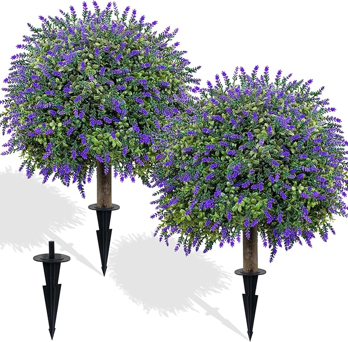 Set of 2 Artificial Lavender Boxwood Topiary Ball Trees with Ground Spike, 27.5" UV Resistant Faux Evergreen Shrubs, Purple Green Fake Bushes for Indoor Outdoor Front Porch Garden Patio Yard Decor