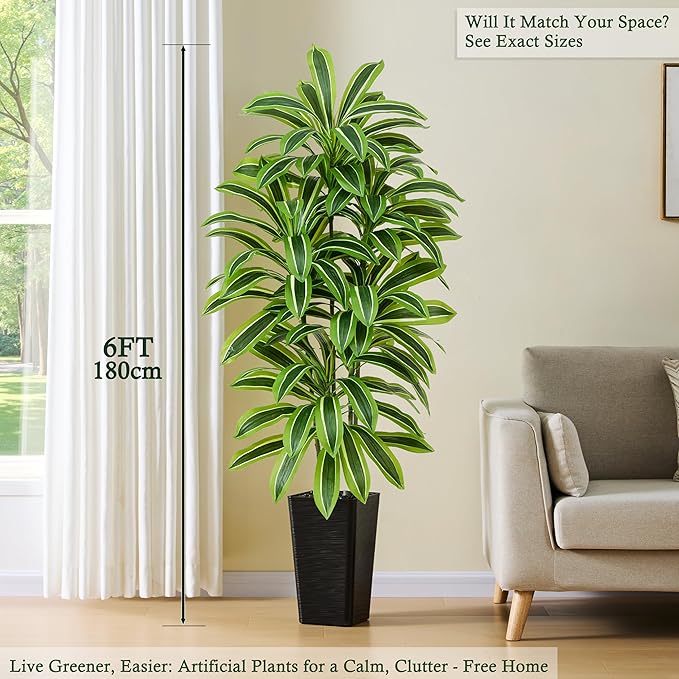 Artificial Dracaena Tree：6FT Faux Silk Tropical Yucca Floor Trees Realistic Fake Green Plant with Natural Wood Trunk & Lifelike Leaves for Home Office Decor Indoor & Outdoor (6FT,1-Pack,Black)