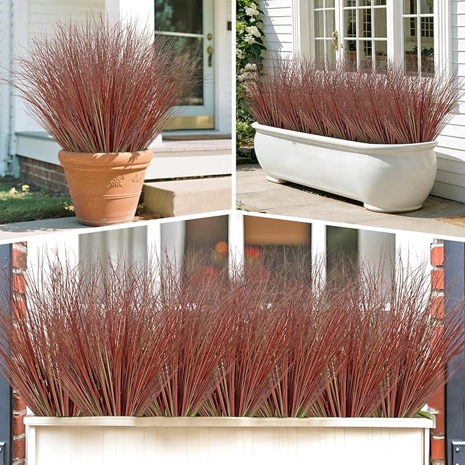 32 Bundles Red Artificial Plants Onion Grass Outdoor 20 Inch Fake Shrubs Wheat Grass UV Resistant Autumn Greenery Stems Faux Bushes Plant for Indoor Home Farmhouse Summer Decor