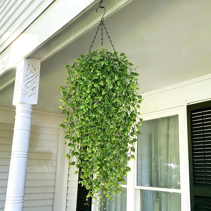 Waipfaru 4Pcs Artificial Hanging Plants, Fake Vines Boston Ivy Fake Hanging Plants for Outdoors UV Resistant Ivy Artificial Plants Faux Plants Indoor Living Room Boho Wall Porch Shelf Decor