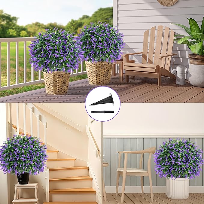 Grooy Artificial Boxwood Topiary Ball with Lavender, Set of 4 Artificial Shrub Bushes with Ground Spike, UV Resistant Fake Evergreen Plant Tree for Porch Outdoor Planters Indoor Valentine's Day