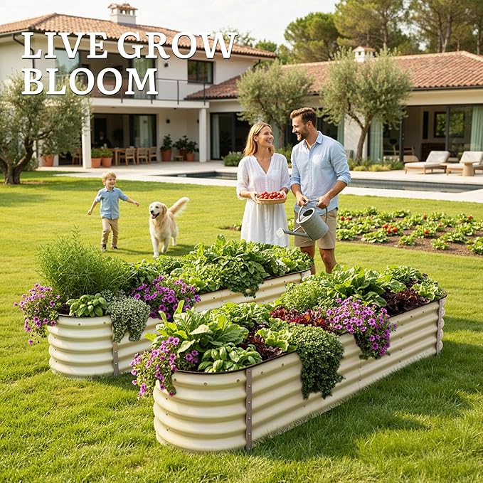 YITAHOME 8x2x1.5ft Large Raised Garden Bed Kit, 17" Tall 9 in 1 Galvanized Metal Planter Box with Gloves & Safety Rubber, Outdoor Above Ground Planters for Plants Vegetables Flowers, Cream Yellow
