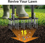 Knee-Friendly Manual Lawn Aerator Tool - 15 Heavy-Duty Steel Spikes,Spring-Loaded Auto-Clean Design, Pre-Assembled for Soil Loosening & Lawn Health, Garden/Yard Aeration Tool