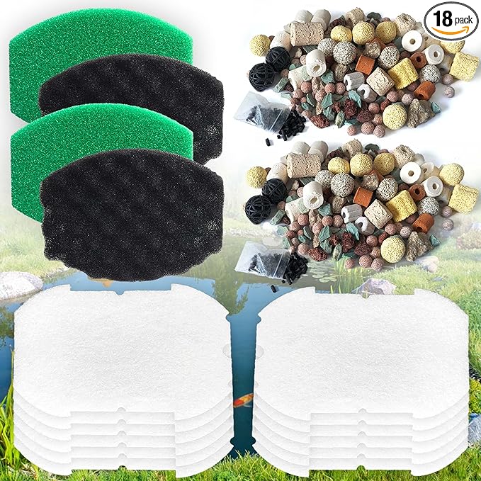 PurifyLogix 18PCS Pond Filter Kits for Pennington Inpond 5-in-1 600 Pump | 12 Polymer Wool Pads, 4 Foam Filter, 2 Media Packs(Activated Carbon, Bio-Balls), Maintenance Kits for Aquagarden 600 model