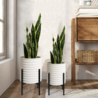 Oakrain Plants Pots with Stand, Set of 2 Indoor Planter Pots, Mid-Century Decorative Metal Flower Pots with Drainage for Living Room, Office, Garden, Balcony, 8"&10", Textured White