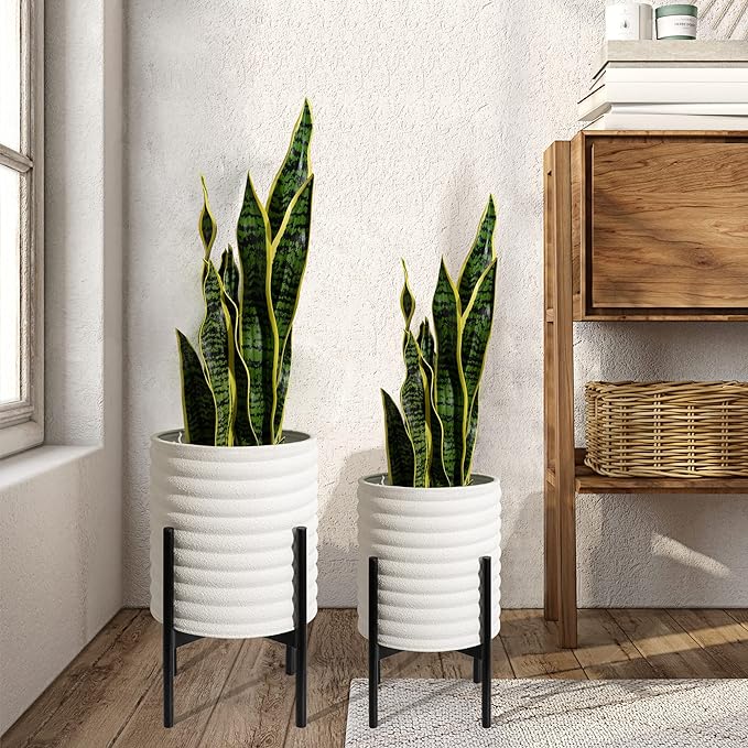 Oakrain Plants Pots with Stand, Set of 2 Indoor Planter Pots, Mid-Century Decorative Metal Flower Pots with Drainage for Living Room, Office, Garden, Balcony, 8"&10", Textured White