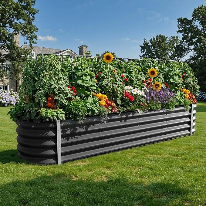 YITAHOME 8x2x1.5ft Large Raised Garden Bed Kit, 17" Tall 9 in 1Galvanized Metal Planter Box with Gloves & Safety, Outdoor Above Ground Planters for Plants Vegetables Flowers, Black