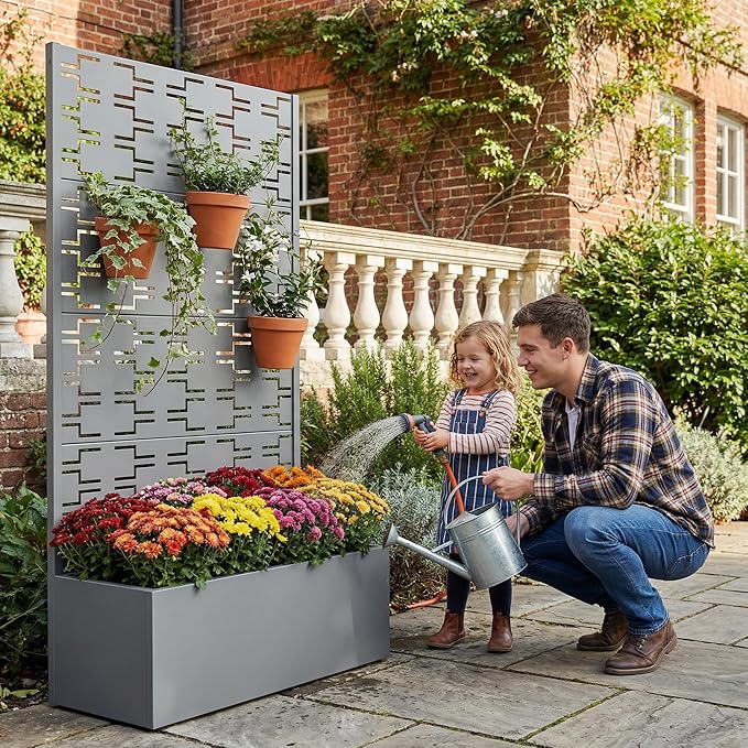 Casaphoria Metal Raised Garden Bed with Trellis, 59"x30"x12" Planter Box for Climbing Plants, Vegetables & Vines, Features Drainage Holes and Privacy Screen, Grey-Brick