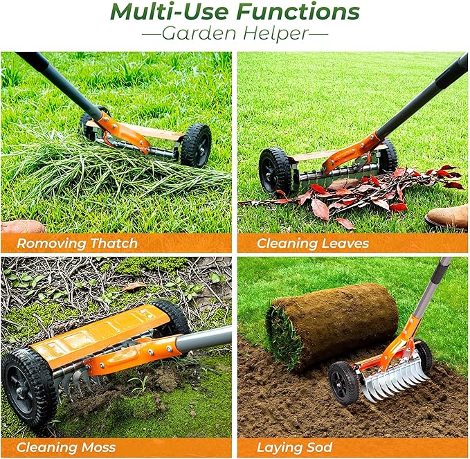 Walensee Dethatching Roller Rake with 76.8'' Adjustable Handle, Lawn Dethatcher Rake with 2mm Stainless Steel Blades,Thatch Remover, Soil Aerator & Loosening Tool for Moss, Leaves, Yard Lawn Care