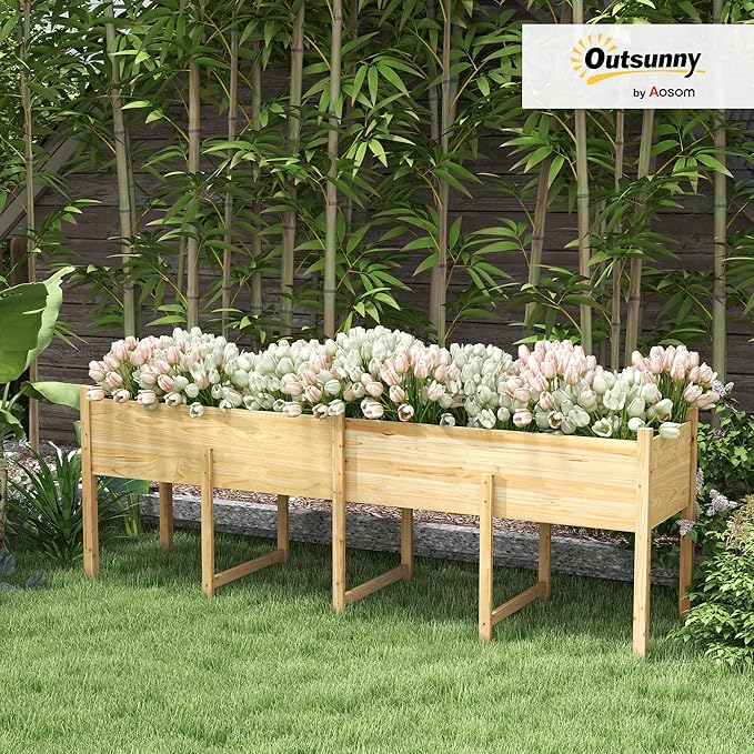 Outsunny Wooden Raised Garden Bed with Legs, Large Elevated Planter Box with Bed Liner and Drain Holes for Vegetables Flowers Herbs, Outdoor and Indoor, 7.4' x 1.8' x 2.6', Natural Wood