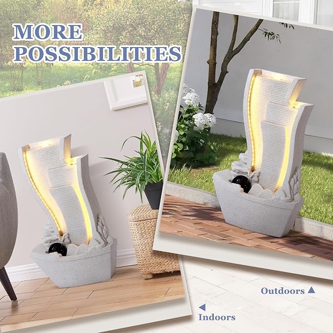 Grepatio Outdoor Cascading Water Fountain, Waterfall Fountain with LED Lights, Sailboat and Waterwheel Look Fountains and Waterfalls for Garden or Patio, Yard, and Deck Decor