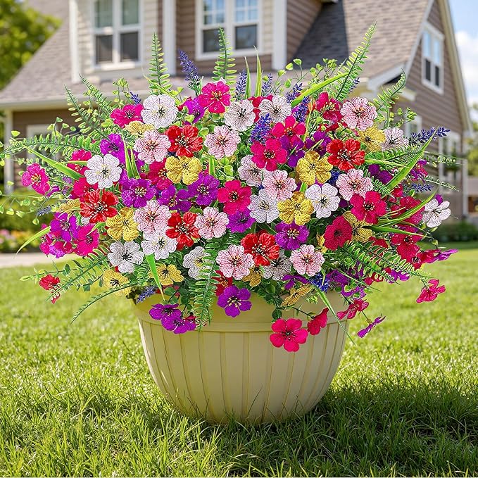 Alupssuc 24 Bundles Artificial Flowers for Outdoors Spring Decoration, UV Resistant Faux Eucalyptus Violet and Lavender Silk Fake Plants for Outside Indoor Decor, Red Rose Purple Yellow Pink White