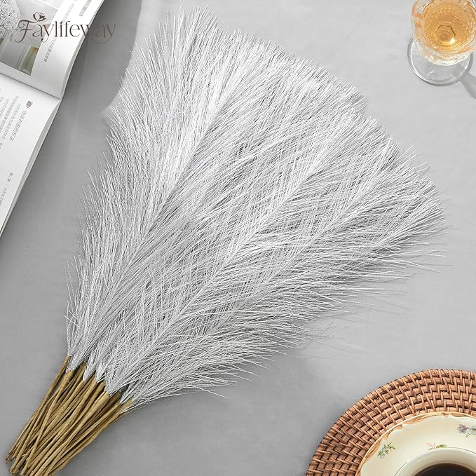 50PCS Pampas Grass Decor, 17" Silver Pampas Grass, Fluffy Small Pampas Grass for Vase Filler Home Wedding Wall Table Party Decoration