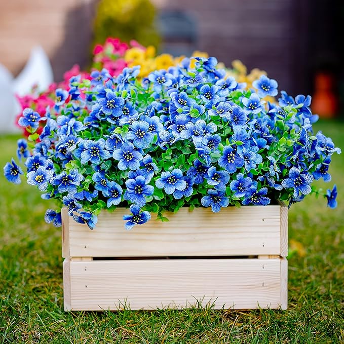 AXYLEX Artificial Flowers for Outdoors Fake Plants - 16 Bundles Faux Outside Greenery Boxwood No Fade Plastic Shrubs Fall Decor Farmhouse Home Garden (Blue)