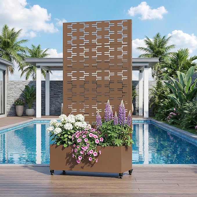 Casaphoria Metal Raised Garden Bed with Trellis and Wheels, 72"x35"x16" Planter Box for Climbing Plants, Vegetables & Vines, Features Drainage Holes and Privacy Screen, Brown-Brick