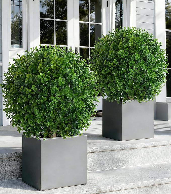 Artificial Eucalyptus Topiary Ball Trees for Outdoor Set of 2 Fake Plant Bushes with Ground Spike UV Resistant Faux Shrubs for Garden Front Porch, Green