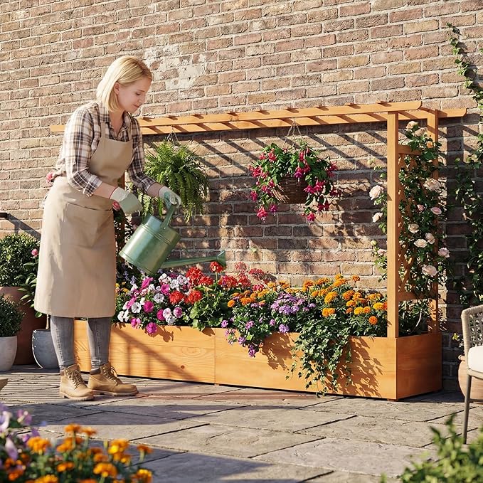 LDAILY Raised Garden Bed with Trellis, Above Ground Garden Bed with Hanging Roof, Side Trellis, & 6 Drainage Holes, Planter Box for Outdoor Climbing Plants Vines Flowers