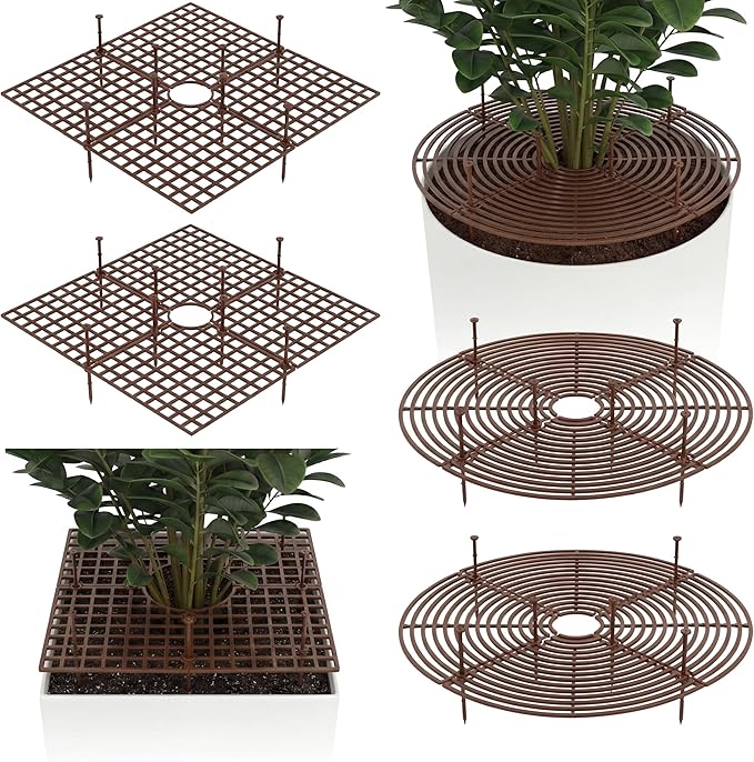 Nuanchu 6 Pcs Plant Pot Covers Grid Soil Protector from Animals 11.8" Cuttable Flower Protector Cat Digging Stopper Plant Pot Cover with Stakes for Indoor Outdoor Gardening, Round Square(Brown)