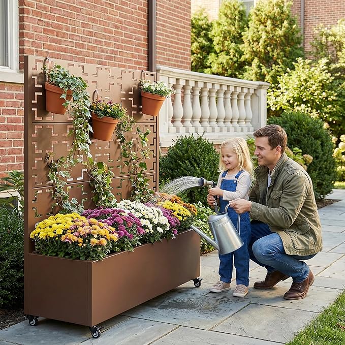 Casaphoria Metal Raised Garden Bed with Trellis and Wheels, 47"x47"x16" Planter Box for Climbing Plants, Vegetables & Vines, Features Drainage Holes and Privacy Screen, Brown-Square
