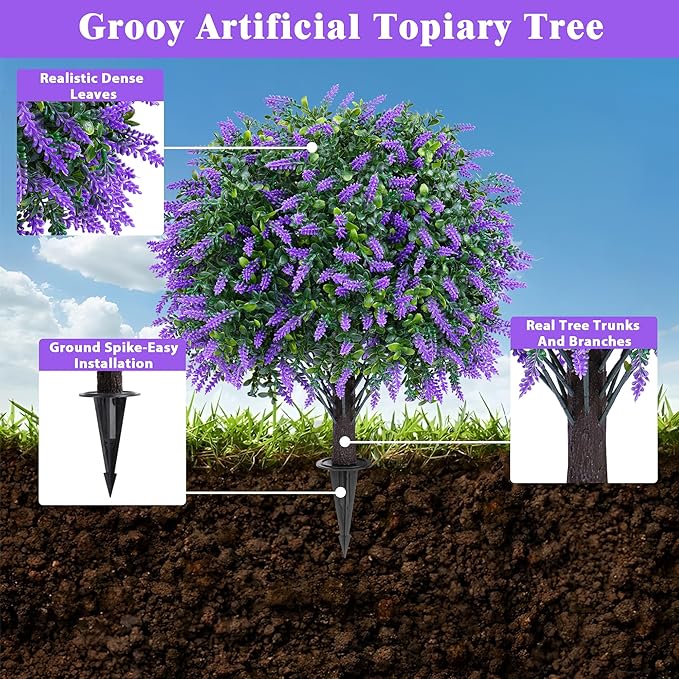 Grooy Artificial Boxwood Topiary Ball with Lavender, Set of 2 Artificial Shrub Bushes with Ground Spike, UV Resistant Fake Evergreen Plant Tree for Porch Outdoor Planters Indoor Valentine's Day