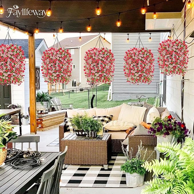 Artificial Hanging Flowers for Outdoors Spring Summer Decoration, 8PCS UV Resistant Silk Fake Hanging Plants for Patio Porch Front Yard Window Garden Indoor Decor(Hot Pink&Light Pink,8PCS)