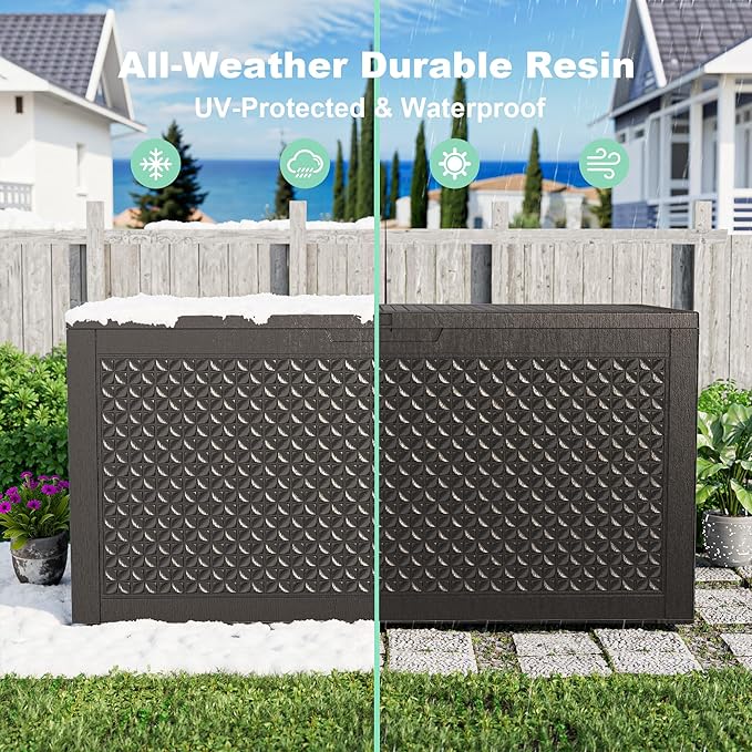 PatioZen 110 Gallon Resin Deck Box, Lockable Patio Outdoor Storage Box for Furniture, Garden Tools and Tools Storage, Waterproof Outside Storage Boxes - Patterned black