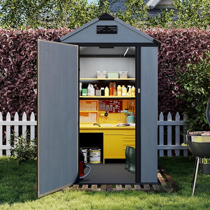 Aoxun 4x6 FT Outdoor Storage Shed, Plastic Garden Resin Shed with Floor and Window for Patio, Lawn, Outdoor Storage with Lockable Door for Bike, Tools, Garbage Can, Dark Grey