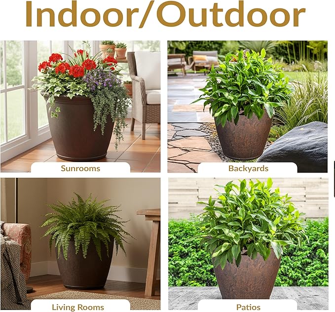 Sunnydaze 24-Inch Anjelica Large Plastic Pot for Plants - Outdoor Double-Walled Large Plastic Planter with Drillable Drainage Holes - Rust - 3pk