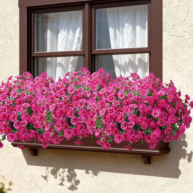 Ivydale 24 Bundles Artificial Flowers for Outdoors Faux Plants Spring Outdoor Decor Faux Silk Morning Glory with Eucalyptus Realistic UV Resistant for Outside Planters Porch Patio Garden Home Decor