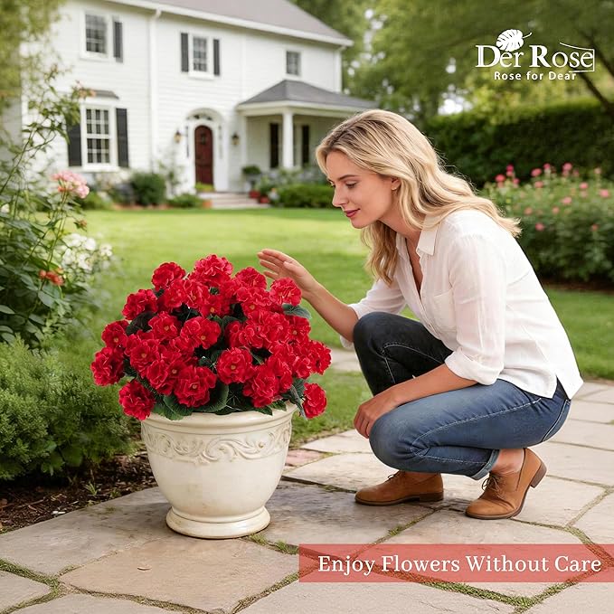 Der Rose 6 Pack Red Artificial Geraniums Flowers for Outdoors UV Resistant Faux Flowers for Outdoor Planters Window Boxes Patio Cemetery Porch Decor