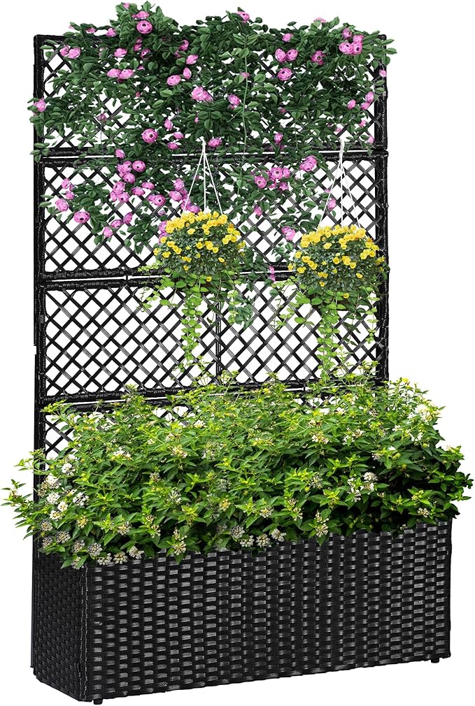 52’’ H Garden Planter Box with Trellis Outdoor for Vine Climbing Plants, Flowers Handwoven Rattan Garden Bed with Removable Liners for Backyard Patio Balcony