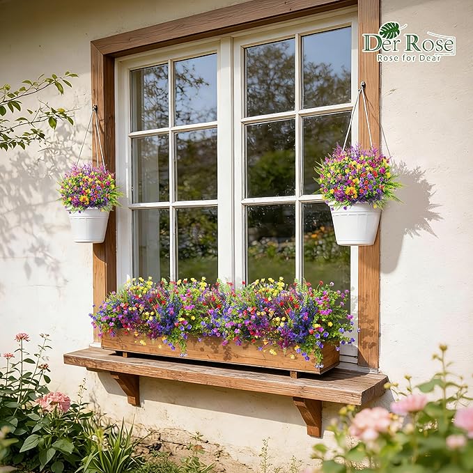 Der Rose 24 Bundles Artificial Flowers Bulk for Outdoors UV Resistant Fake Flowers Spring for Garden Patio Porch Farmhouse Home Window Box Decor（Colourful）