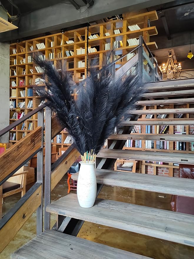 Premium Faux Black Pampas Grass Decor 8pcs 43.3″ – Jet Black Tall Dramatic Feather Flowers, No Assembly 18-Branch One-Piece Stems for Modern Gothic Wedding & Luxe Home Decor, Floor Vase Statement