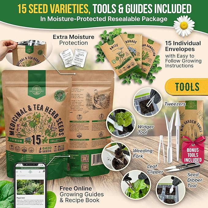 Organo Republic 15 Medicinal & Tea Herb Seeds Variety Pack 6,420+ Non-GMO Heirloom Garden Seeds for Indoor & Outdoors, Including Anise, Borage, Cilantro, Chamomile, Dandelion, Rosemary Seeds
