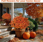 AXYLEX Artificial Fall Flowers Outdoor Fake Mums - 16 Bundles Fake Plants UV Resistant No Fade Faux Plastic Greenery Garden Porch Patio Fall Home Decor (Orangegreen)
