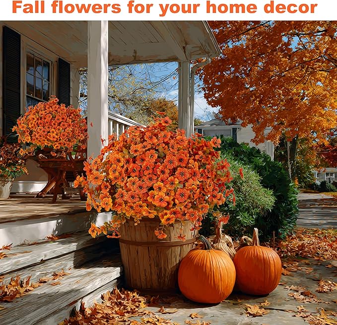 AXYLEX Artificial Fall Flowers Outdoor Fake Mums - 16 Bundles Fake Plants UV Resistant No Fade Faux Plastic Greenery Garden Porch Patio Fall Home Decor (Orangegreen)