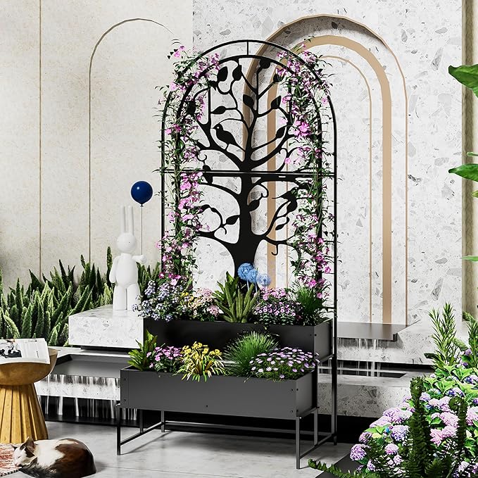 Arched Outdoor Planter Box with Trellis Set of 2 for Climbing Plants, 2 Tiers Metal Privacy Planters for Patio, Raised Garden Bed with Legs, for Vegetables, Balcony, 75.2 x 22 x 34.6 Inch, 2PCS, Black