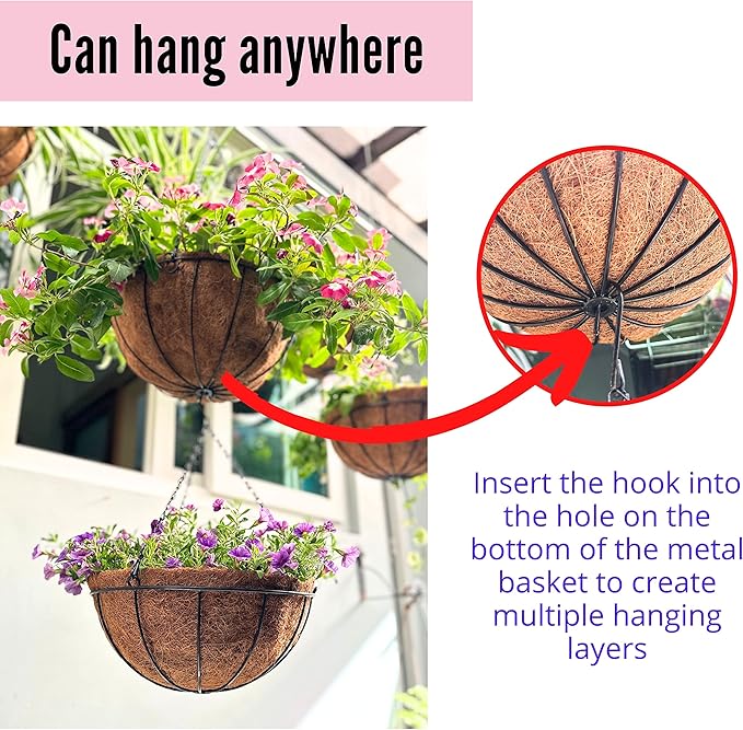 LaLaGreen Hanging Baskets for Plants (10 Pack, 10 Inch) Hanging Planter Outdoor with Coco Liner, Metal Wire Flower Basket Pots Holder Hanger Hook Deck Patio Porch Garden Balcony Outside Decoration