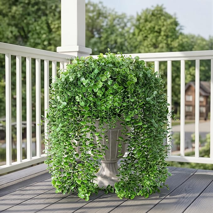 Faux Outdoor Plants Fake Hanging Plants for Outdoors Outside Decorations, 2 Pcs Green Faux Eucalyptus Vines Realistic UV Resistant Artificial Greenery for Planters Porch Garden Yard Front Door Patio