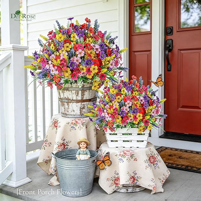 Der Rose 24 Bundles Artificial Flowers for Outdoor Fake Spring Flowers Plants UV Resistant for Home Garden Porch Window Wedding Decor