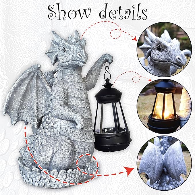 Solar Garden Decor Dragon Statues with Solar Lantern,Dragon Figurine Lights Outdoor Decorations for Yard Lawn Patio Balcony Whimsical Art Outside,Unique Housewarming Gift for Mom Grandma Women