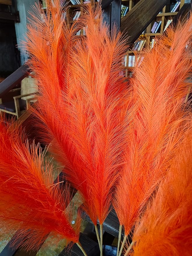 Premium Faux Orange Pampas Grass – 43.3" Tall Fluffy Decor, 8pcs 18-Branch One-Piece Stems No Assembly, Luxury Silk-Feel Feather Flowers for Boho Wedding Home Decor (Tangerine, 8 Stems / 110cm)
