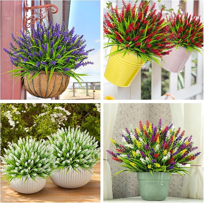 Bassion 24 Bundles Artificial Flowers for Outdoors, Fake Lavender Flowers with Monkey Grass UV Resistant Plastic Faux Plants for Outside Hanging Planter Window Box Garden Patio Front Porch Home Decor